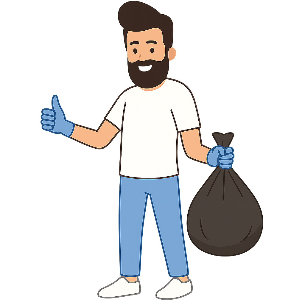 Cartoon man in a white shirt with a bin bag in his hand