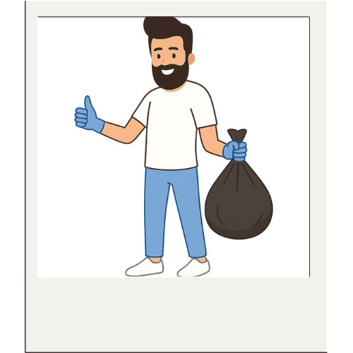 A polaroid image of a man holding a filled bin bag